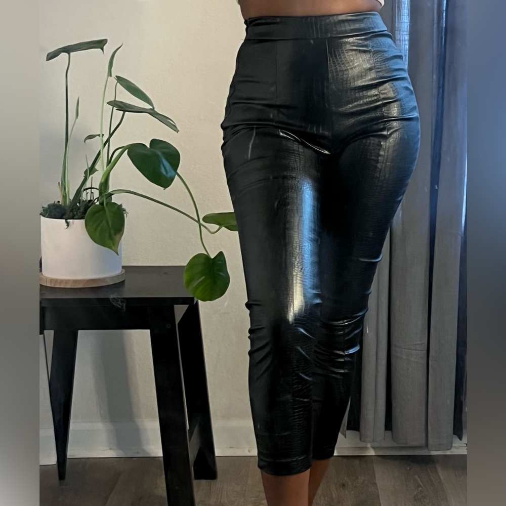 Black Faux Leather Croc Cropped Pants